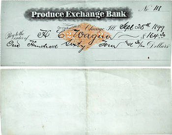 США чек на 164,30 долларов 1899 Produce Exchange Bank, Чикаго бумага 434-21-3-1