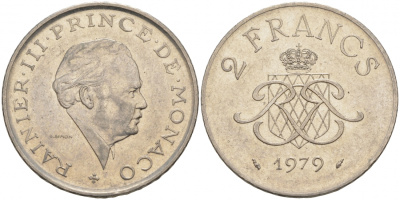 Монако 2 франка 1979 Ренье III (1949-2005) KM 157 никель 73-1451