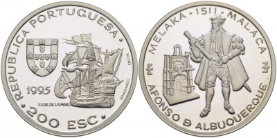 Португалия 200 эскудо 1995 Афонсу де Албукерки, захват Малакки в 1511 году KM 681а серебро PROOF 00-00
