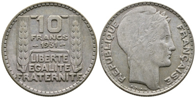 Франция 10 франков 1934 Пьер Тюрен KM 878, Le Franc 360.7 серебро 93-443