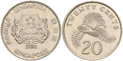 Сингапур 20 центов 1990 KM 52 медно-никель 4364-2542