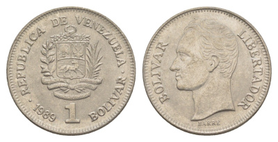 Венесуэла 1 боливар 1989 Симон Боливар, тонкий шрифт Y 52a.1 сталь плакированная никелем 4589-655