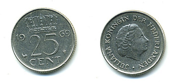 Нидерланды 25 центов 1969 Юлиана (1948-1980) KM 183 никель 76-517