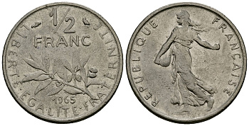 Франция 1/2 франка 1965 сеятель KM 931, Le Franc 198.3 никель 4135-647