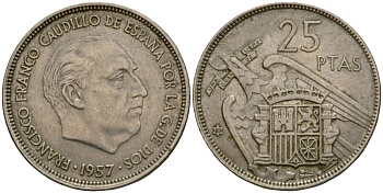 Испания 25 песет 1957 (65) KM 787 медно-никель 92-651