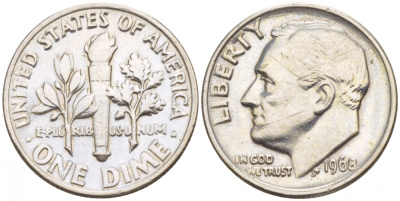 США 10 ЦЕНТОВ = 1 ДАЙМ 1968 РУЗВЕЛЬТ KM 195а медь плакированная медно-никелем 4547-859