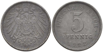 ГЕРМАНИЯ 5 ПФЕННИГОВ 1922 E KM 19, J. 297, Weege 5 железо 206-753