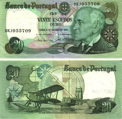 ПОРТУГАЛИЯ 20 ЭСКУДО 1978 АДМИРАЛ ГАГУ КУТИНЬЮ, ГИДРО САМОЛЕТ, 4 ОКТЯБРЯ 1978 Pick 176b бумага aUNC 8606-28-1-2