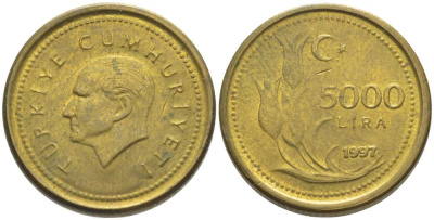 Турция 5000 лир 1997 Мустафа Кемаль Ататюрк KM 1029.1 латунь 117-232