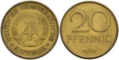 ГДР 20 пфеннигов 1969 A, первый год KM 11 латунь 92-835