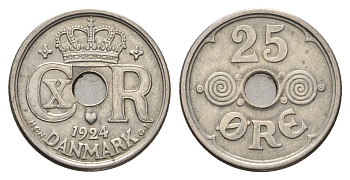 Дания 25 эре 1924 NCN; GJ Кристиан X (1912-1947) KM 823 медно-никель 4391-223