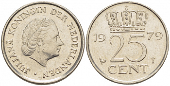 Нидерланды 25 центов 1979 Юлиана (1949-1980) KM 183 никель 112-1047