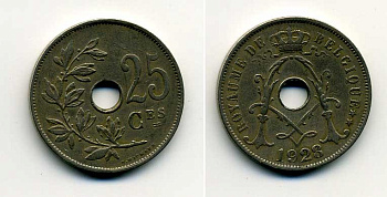 БЕЛЬГИЯ 25 САНТИМОВ 1928 BELGIQUE KM 68.1 медно-никель 37-1253