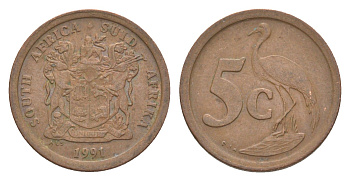 ЮАР 5 центов 1991 герб, райский журавль KM 134 сталь плакированная медью 4621-427