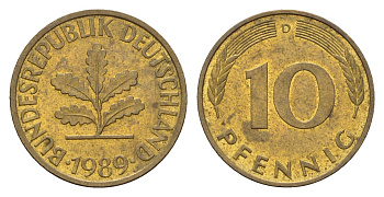 ФРГ 10 пфеннигов 1989 D KM 108, J. 383 сталь плакированная латунью 187-767