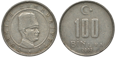 Турция 100000 лир 2002 Мустафа Кемаль Ататюрк KM 1106 медь никель цинк 4122-253