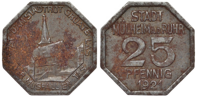 Германия, Мюльхайм-ан-дер-Рур 25 пфеннигов 1921 Северный Рейн-Вестфалия, нотгельд железо 4121-115