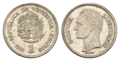 Венесуэла 1 боливар 1989 Симон Боливар, тонкий шрифт Y 52a.1 сталь плакированная никелем 4662-852