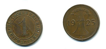 ГЕРМАНИЯ 1 РЕЙХСПФЕННИГ 1925 А KM 37, J. 313 бронза 46-819