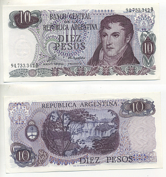 АРГЕНТИНА 10 ПЕСО 1975 СЕРИЯ D 94733, МАНУЭЛЬ БЕЛЬГРАНО Pick 295 бумага UNC (ПРЕСС) 6299-29-1