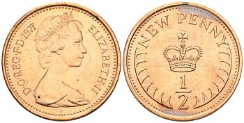 Великобритания 1/2 пенни 1971 Елизавета II (1952-2022), в лаке KM 914, Spink 4239 бронза 92-646