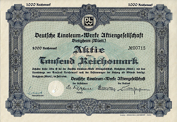 Германия 1000 рейхсмарок 1942 АО Немецкий линолеум-Верке, Битигхайм, акция   бумага  8804-121-1