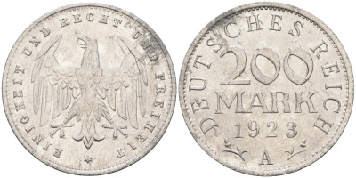 Германия 200 марок 1923 A KM 35, J. 304, Weege 22 алюминий UNC 4586-254