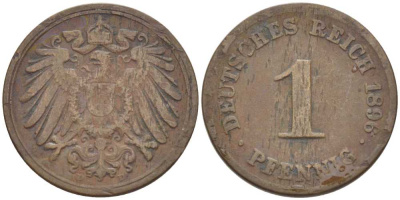 ГЕРМАНИЯ 1 ПФЕННИГ 1896 D KM 10, J. 10, Weege 2 медь 211-217