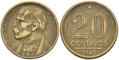 Бразилия 20 сентаво 1949 Руй Барбоза ди Оливейра KM 562, Schon 65 алюминиевая бронза 4178-435