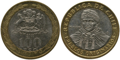 Чили 100 песо 2010 So KM 236, Schon 84 биметалл 4544-236