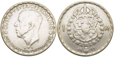 Швеция 1 крона 1943 G, Густав V (1907-1950) KM 814 серебро 119-1115