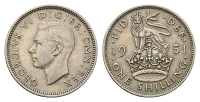 Великобритания 1 шиллинг 1951 Георг VI (1936-1952), Английский герб KM 876, Spink 4108 медно-никель 4695-732