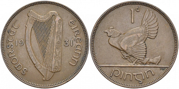 Ирландия 1 пенни 1931 курица с цыплятами KM 3 бронза 215-135