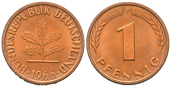 ФРГ 1 пфенниг 1966 F, из ролла J 380, KM 105 сталь плакированная медью  aUNC  M56-19