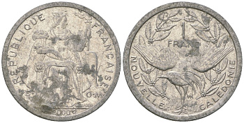 Французская Новая Каледония 1 франк 2000 птица кагу, (IEOM) KM 10, Schoen 10, Lec 52e алюминий 41-1137