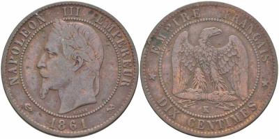 ФРАНЦИЯ 10 САНТИМОВ 1861 K, НАПОЛЕОН III (1852-1870) KM 798.3, LE FRANC 134.4 бронза 4364-4212