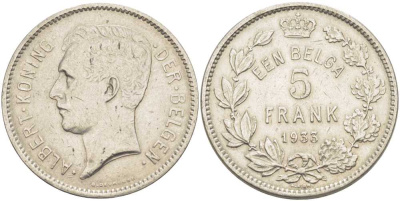 БЕЛЬГИЯ 5 ФРАНКОВ 1933 АЛЬБЕРТ I, DER BELGEN KM 98 никель 3851-433