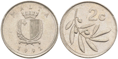 Мальта 2 цента 1991 оливковая ветвь KM 94 медно-никель 112-354