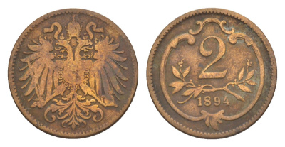 Австрия 2 геллера 1894 Франц Иосиф I (1848-1916) KM 2801 бронза 4639-968