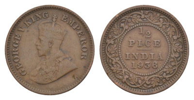 Британская Индия 1/2 пайса 1936 Георг V (1910-1936) KM 510 бронза 4632-726