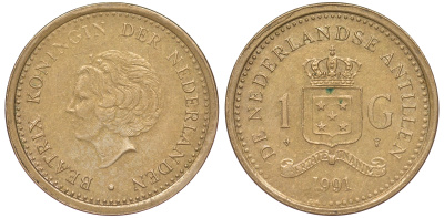Нидерландские Антилы 1 гульден 1991 Беатрикс (1980-2013) KM 37 позолоченная сталь 25-2014