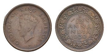 Британская Индия 1/12 анна 1939 монетный двор точка - Бомбей, Георг VI (1936-1952) KM 526 бронза 4649-327