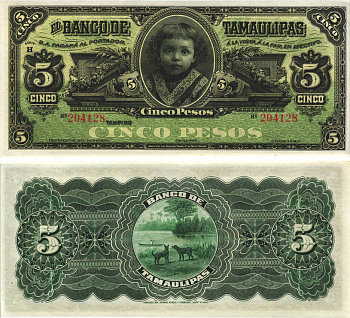 Мексика 5 песо 1902-1914 банк штата Тамаулипас, собаки Pick 429d бумага aUNC 7457-12-3