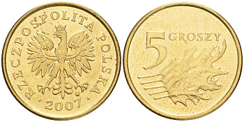 ПОЛЬША 5 ГРОШЕЙ 2007 MW KM 278 латунь UNC 4516-1244