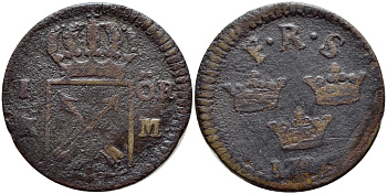 Швеция 1 эре 1746 F.R.S., Фредерик I (1720-1751) KM 383.3 медь 4395-1132