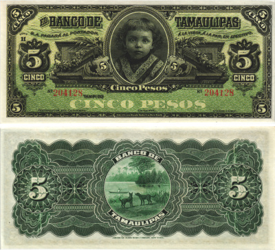 Мексика 5 песо 1902-1914 банк штата Тамаулипас, собаки Pick 429d бумага aUNC 7457-12-3