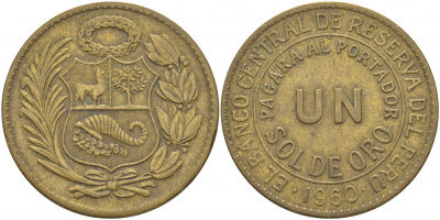 Перу 1 соль 1960 KM 222 латунь 118-1214