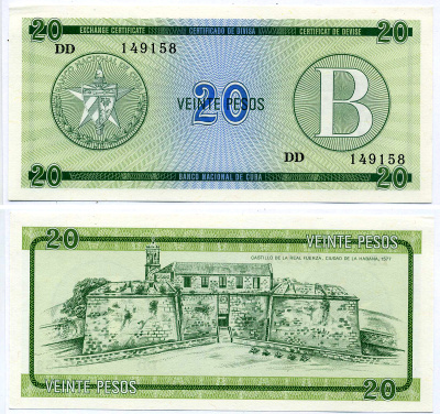 Куба, валютный сертификат 20 песо ND (1985) серия B, зеленая Pick FX 9 бумага UNC (пресс) 8589-45-4-1