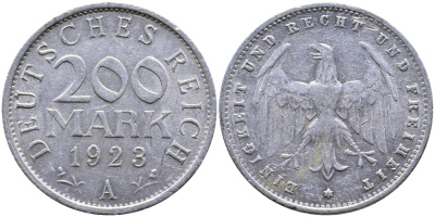 ГЕРМАНИЯ 200 МАРОК 1923 А KM 35, J. 304 алюминий 87-251