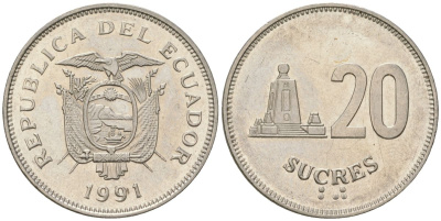 Эквадор 20 сукре 1991 KM 94 сталь плакированная никелем 4511-842